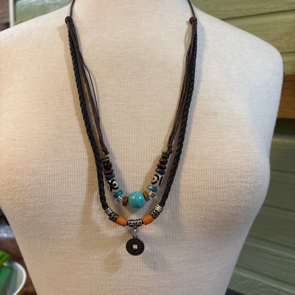 Boho Layered Cord Necklace Faux Turquoise Wood Beads Chinese Coin Pendant